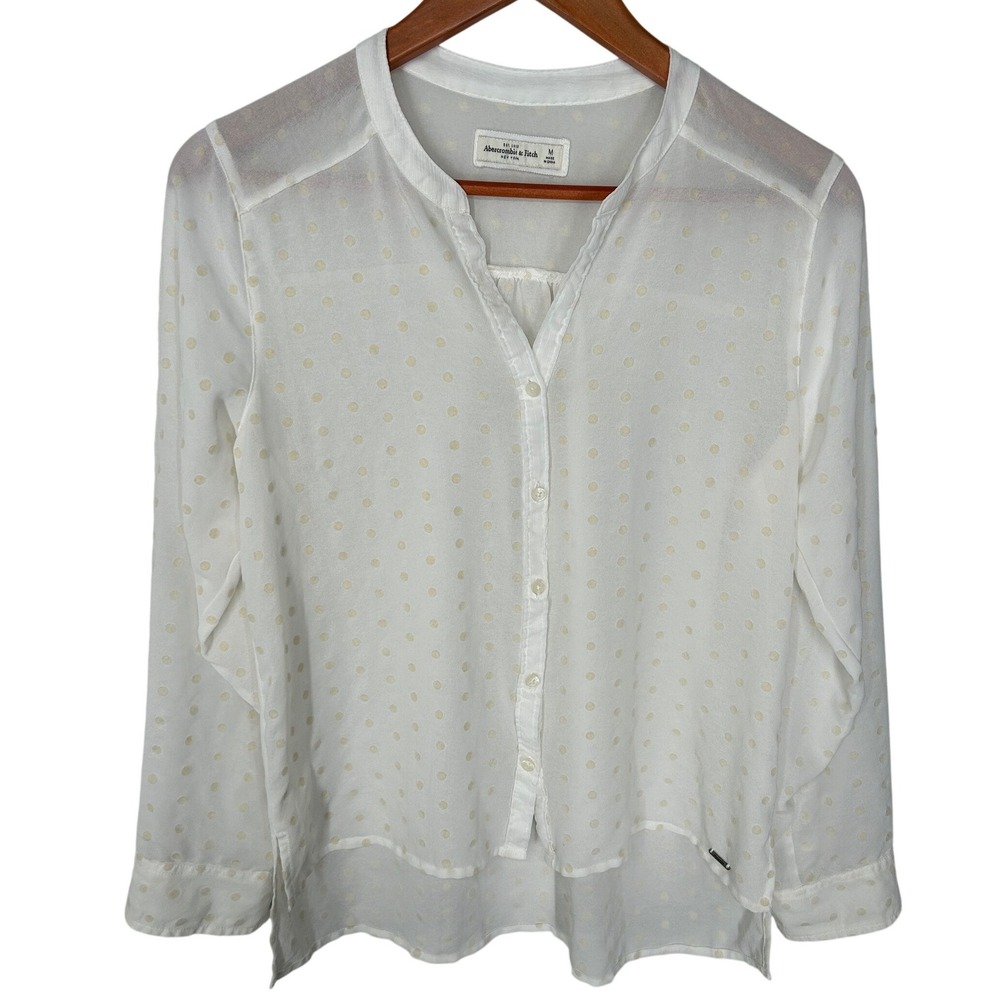 Abercrombie & Fitch Sheer White Long Sleeved Blouse Fuzzy Dots Women's Size M